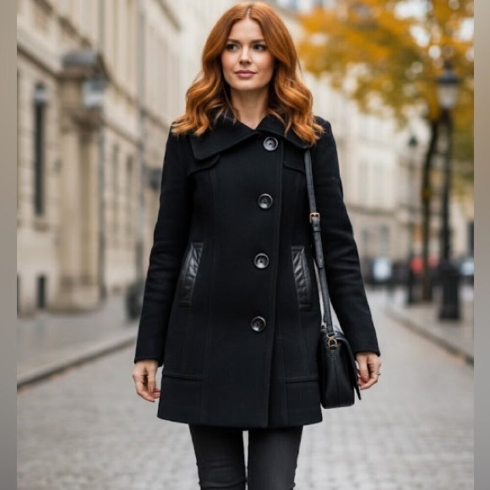 Mackage Wool Leather Fitted Car Coat Large Collar Pockets Wool Pea Coat Jacket